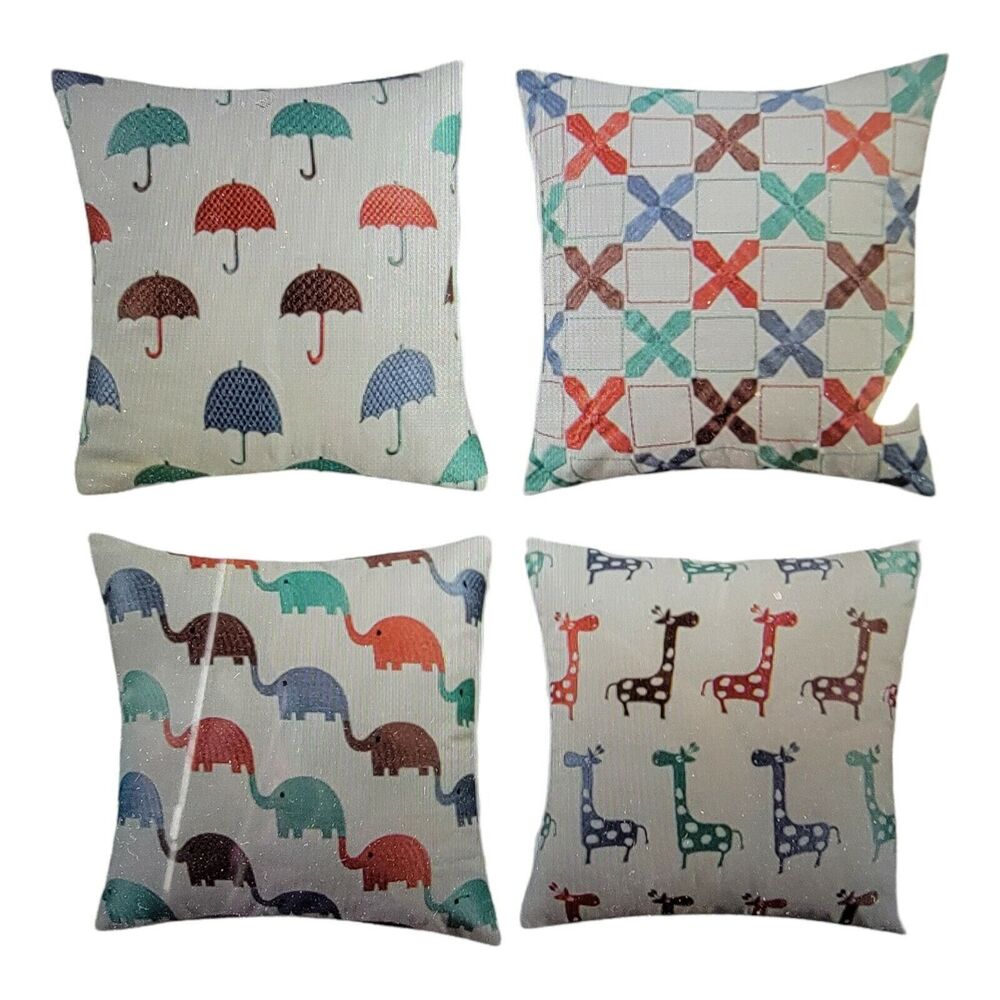 4 Embroidered Pillow Cover Nursery Giraffe Elephant‎ X's Umbrella